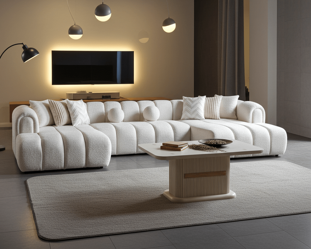 Modern living room with a white sofa, coffee table, and TV.