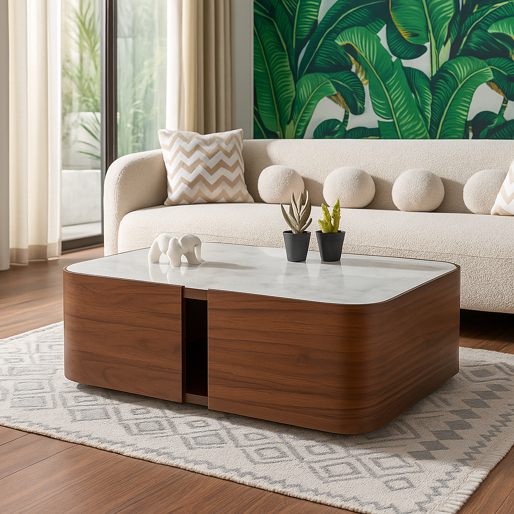 Modern living room with a wooden coffee table, beige sofa, and decorative plants.