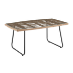 Rectangular outdoor table with woven top and metal legs on a white background