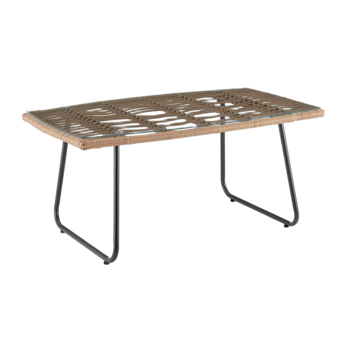 Rectangular outdoor table with woven top and metal legs on a white background