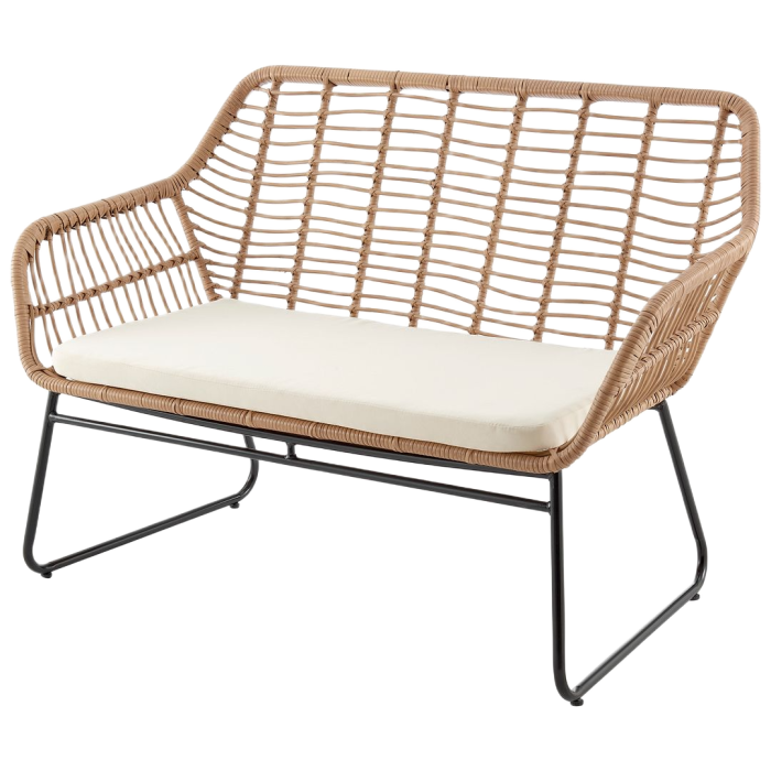 Wicker outdoor sofa with a white cushion on a white background