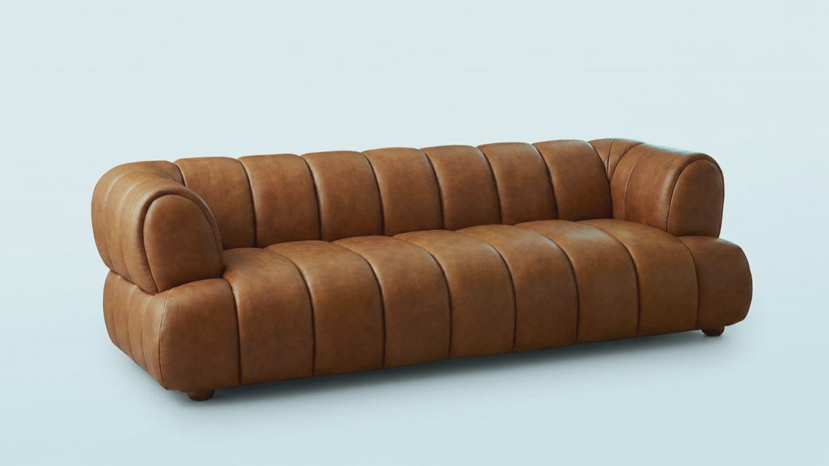 Cognac leather sofa brown tufted channel 360 video BERCH background
