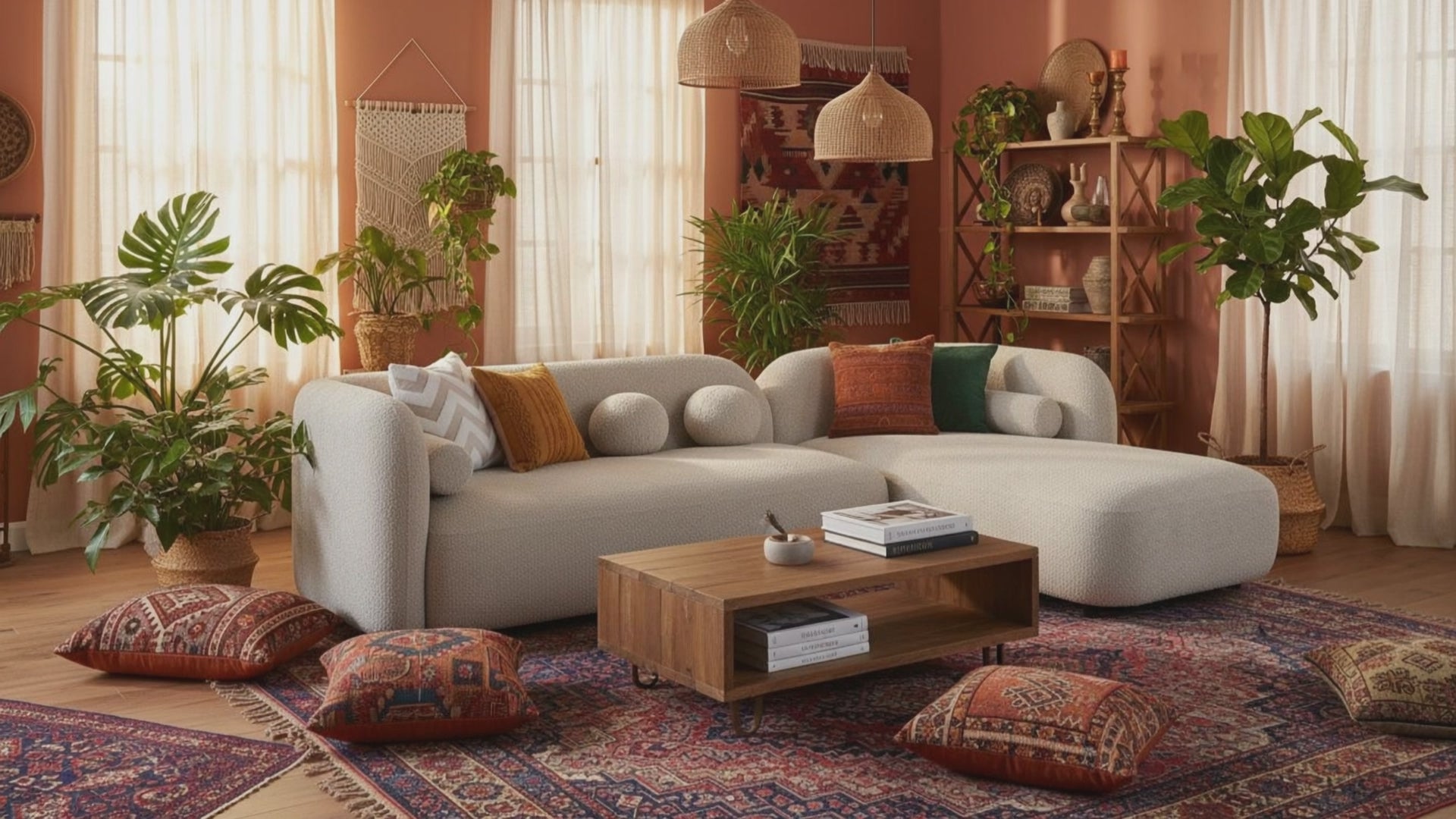 Modern Sectional Sofa Curved Boucle BERCH Furniture in a boho living room 