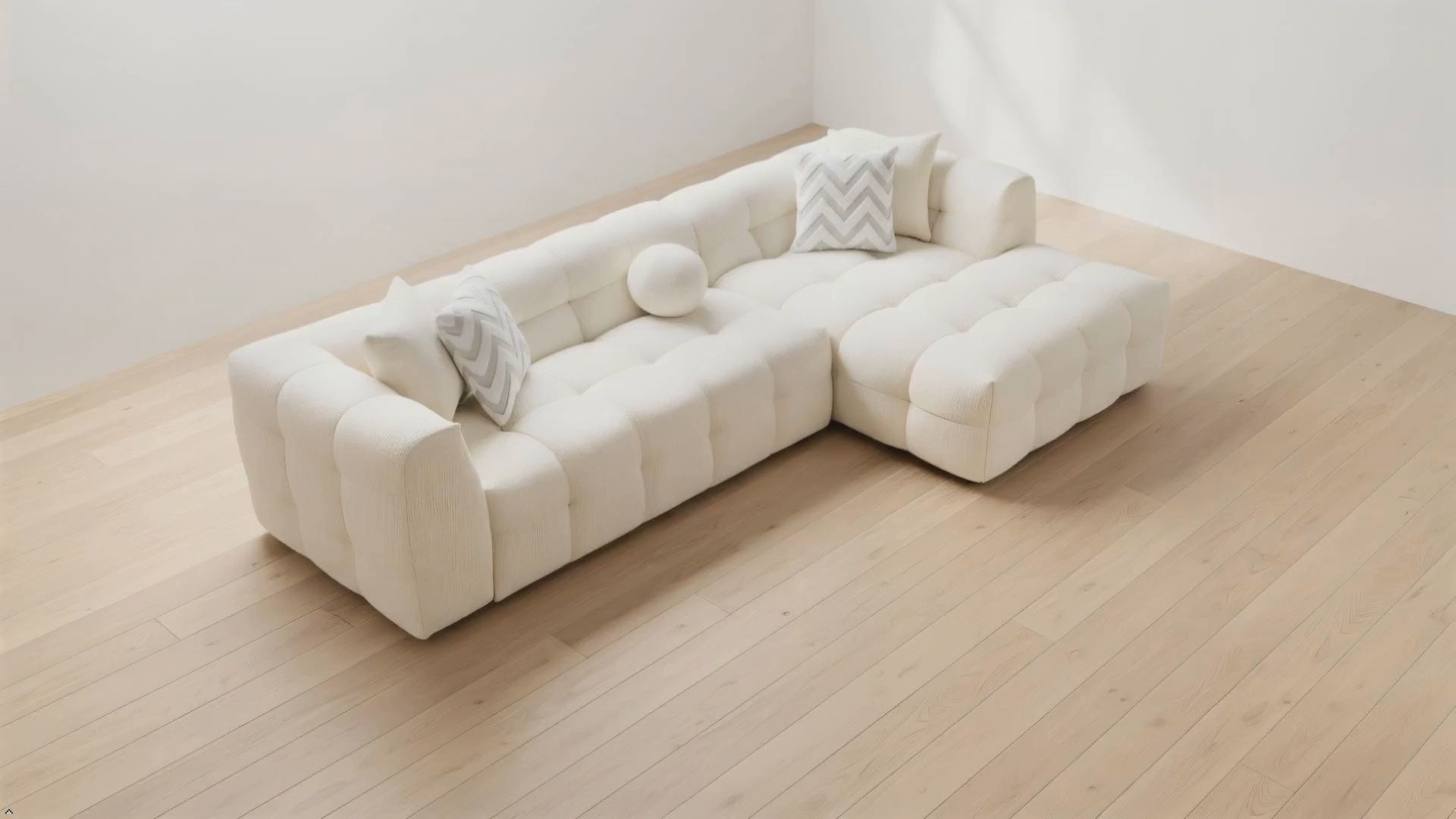 Ivy Boucle Sectional 360 view close up texture and living room setting scene