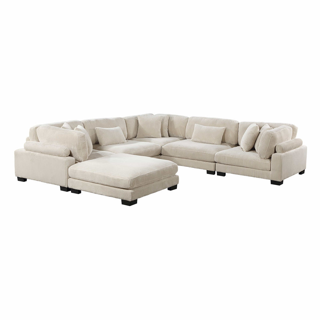 Travers 6-Piece Corduroy Modular Sectional Couch – Oversized 135 Inches Cream Fabric L-Shaped Sofa w/ Armless Chair Sectional Berch Furniture